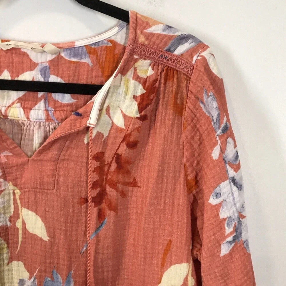 Soft Surrounding Women's Floral Peasant Top Size PL Orange 3/4 Sleeve Tassel